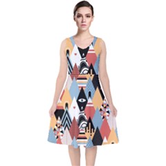 Abstract Diamond Pattern V-neck Midi Sleeveless Dress 