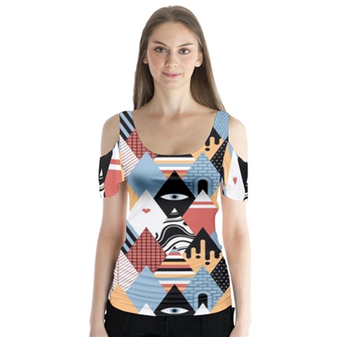 Abstract Diamond Pattern Butterfly Sleeve Cutout Tee  by Bigfootshirtshop