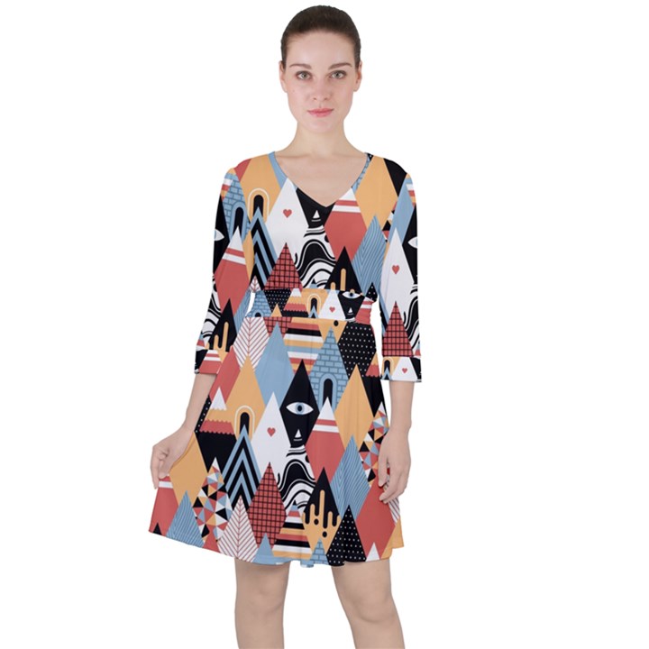 Abstract Diamond Pattern Ruffle Dress