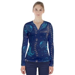 Arabesque Vintage Graphic Nature V-neck Long Sleeve Top