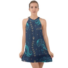 Arabesque Vintage Graphic Nature Halter Tie Back Chiffon Dress