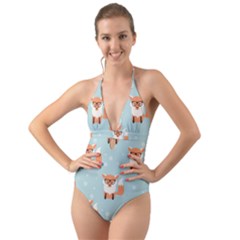 Cute Fox Pattern Halter Cut-out One Piece Swimsuit