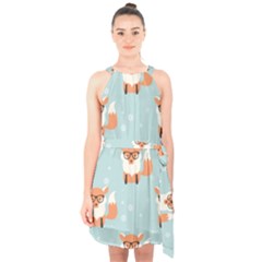 Cute Fox Pattern Halter Collar Waist Tie Chiffon Dress by Bigfootshirtshop