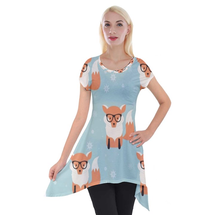 Cute Fox Pattern Short Sleeve Side Drop Tunic