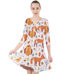 Woodland Friends Pattern Quarter Sleeve Front Wrap Dress	