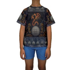 Awesome Tribal Dragon Made Of Metal Kids  Short Sleeve Swimwear by FantasyWorld7