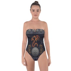 Awesome Tribal Dragon Made Of Metal Tie Back One Piece Swimsuit by FantasyWorld7