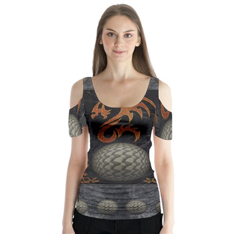 Awesome Tribal Dragon Made Of Metal Butterfly Sleeve Cutout Tee  by FantasyWorld7