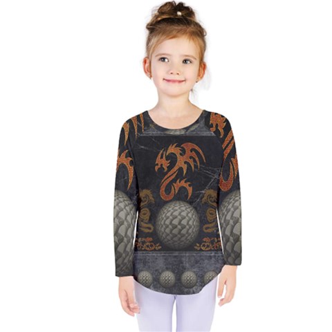 Awesome Tribal Dragon Made Of Metal Kids  Long Sleeve Tee by FantasyWorld7