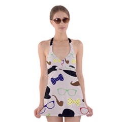 Moustache Hat Bowler Bowler Hat Halter Dress Swimsuit  by Celenk