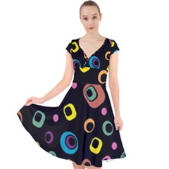 Abstract Background Retro 60s 70s Cap Sleeve Front Wrap Midi Dress