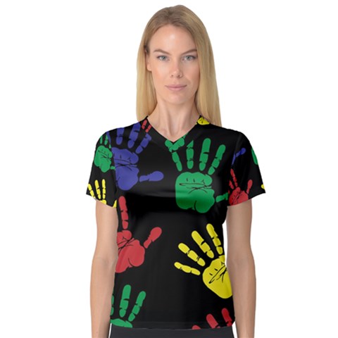 Handprints Hand Print Colourful V-neck Sport Mesh Tee by Celenk