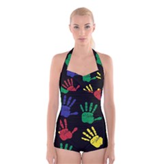 Handprints Hand Print Colourful Boyleg Halter Swimsuit  by Celenk