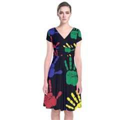 Handprints Hand Print Colourful Short Sleeve Front Wrap Dress by Celenk