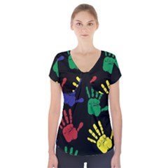 Handprints Hand Print Colourful Short Sleeve Front Detail Top by Celenk