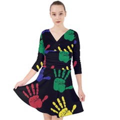 Handprints Hand Print Colourful Quarter Sleeve Front Wrap Dress	