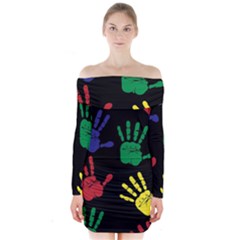 Handprints Hand Print Colourful Long Sleeve Off Shoulder Dress by Celenk