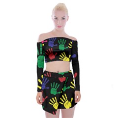 Handprints Hand Print Colourful Off Shoulder Top With Mini Skirt Set by Celenk