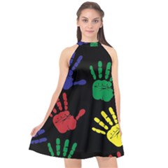 Handprints Hand Print Colourful Halter Neckline Chiffon Dress  by Celenk