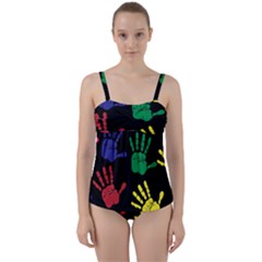 Handprints Hand Print Colourful Twist Front Tankini Set by Celenk