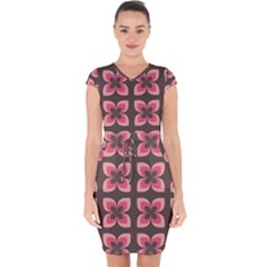 Floral Retro Abstract Flowers Capsleeve Drawstring Dress 