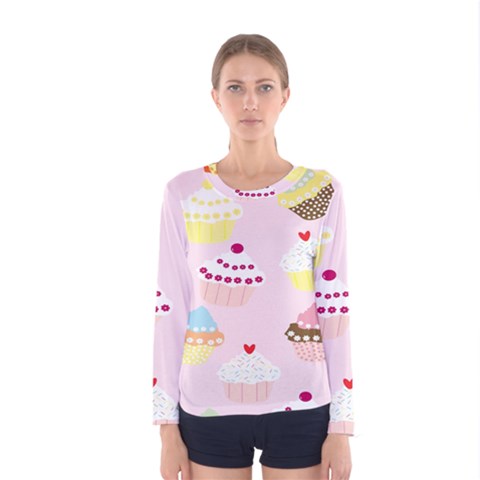 Cupcakes Wallpaper Paper Background Women s Long Sleeve Tee by Celenk