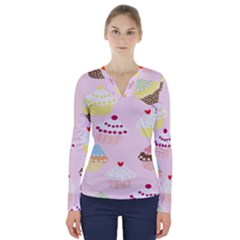 Cupcakes Wallpaper Paper Background V-neck Long Sleeve Top