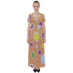 Floral Flowers Retro 1960s 60s High Waist Short Sleeve Maxi Dress