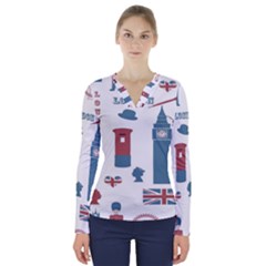 London Icons Symbols Landmark V-neck Long Sleeve Top