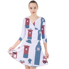 London Icons Symbols Landmark Quarter Sleeve Front Wrap Dress	