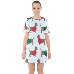 Dachshund Dog Cartoon Art Sixties Short Sleeve Mini Dress