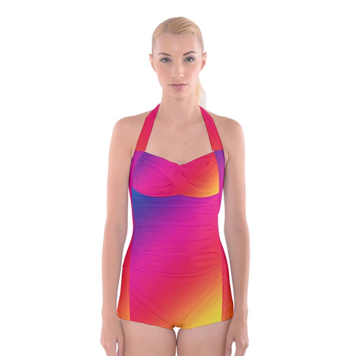 Spectrum Background Rainbow Color Boyleg Halter Swimsuit 