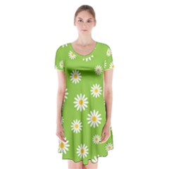 Daisy Flowers Floral Wallpaper Short Sleeve V-neck Flare Dress by Celenk