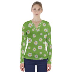 Daisy Flowers Floral Wallpaper V-neck Long Sleeve Top