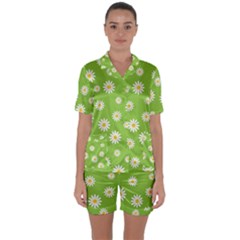 Daisy Flowers Floral Wallpaper Satin Short Sleeve Pyjamas Set