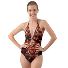 Butterfly Brown Puzzle Background Halter Cut-out One Piece Swimsuit