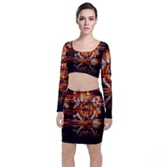 Butterfly Brown Puzzle Background Long Sleeve Crop Top & Bodycon Skirt Set