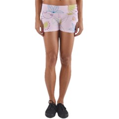 Floral Background Bird Drawing Yoga Shorts by Celenk