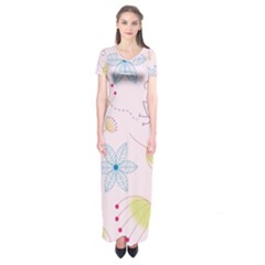 Floral Background Bird Drawing Short Sleeve Maxi Dress by Celenk