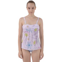 Floral Background Bird Drawing Twist Front Tankini Set by Celenk