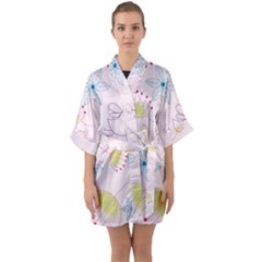 Floral Background Bird Drawing Quarter Sleeve Kimono Robe