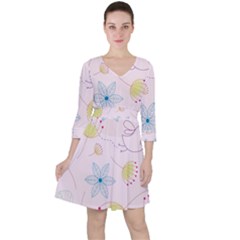 Floral Background Bird Drawing Ruffle Dress