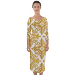 Gold Pattern Wallpaper Fleur Quarter Sleeve Midi Bodycon Dress