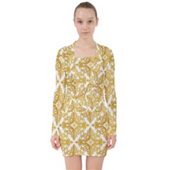 Gold Pattern Wallpaper Fleur V-neck Bodycon Long Sleeve Dress by Celenk