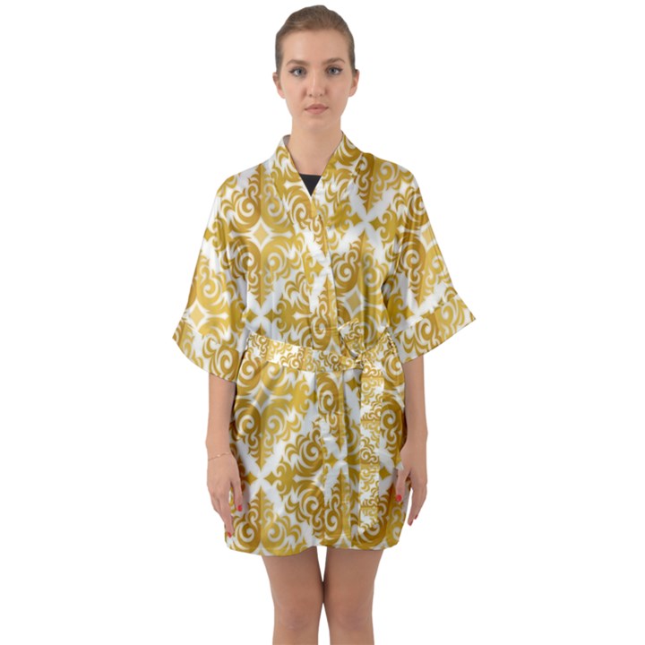 Gold Pattern Wallpaper Fleur Quarter Sleeve Kimono Robe