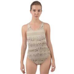 Vintage Beige Music Notes Cut-out Back One Piece Swimsuit by Celenk