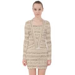 Vintage Beige Music Notes V-neck Bodycon Long Sleeve Dress by Celenk