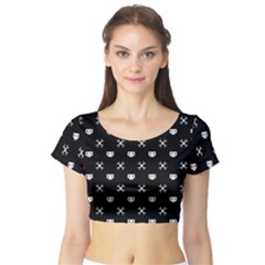 White Pixel Skull Pirate Short Sleeve Crop Top by jumpercat