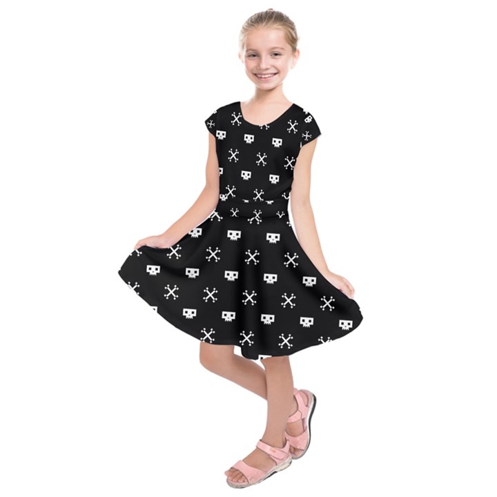 White Pixel Skull Pirate Kids  Short Sleeve Dress