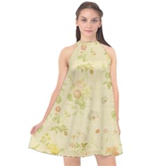 Floral Wallpaper Flowers Vintage Halter Neckline Chiffon Dress  by Celenk